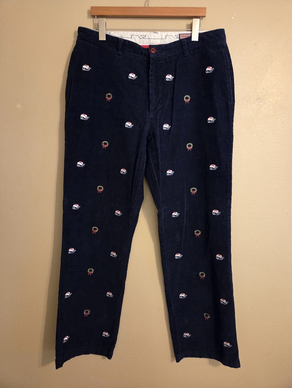 VINEYARD VINES Navy Blue Corduroy Christmas Whale Embroidered Trousers SZ 35/32